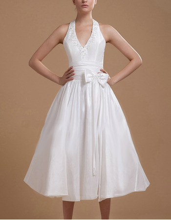 Sexy Taffeta Halter A-Line Tea Length Reception Wedding Dresses