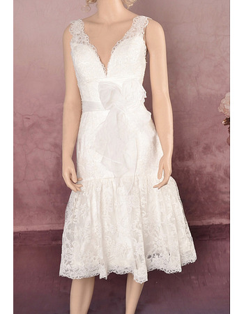 Inexpensive Elegant V-Neck Lace Tea Length Beach Wedding Dresses