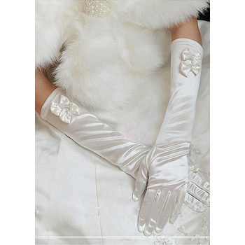 Elbow Satin White Wedding Gloves with Bows