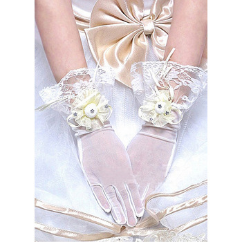 Wrist Lace Ivory Wedding Gloves with Flowers