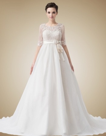 Elegant Empire Sweetheart Chapel Train Satin Organza Wedding Dresses