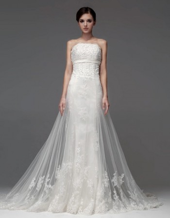 New Style Sexy Sheath Strapless Chapel Train Organza Wedding Dresses