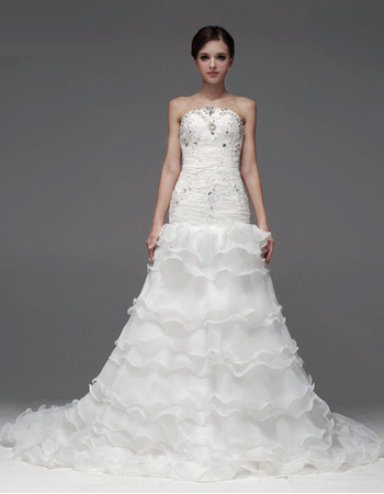 Inexpensive A-Line Organza Chapel Train Strapless Wedding Dresses