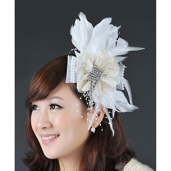 Stunning White Organza Fascinators with Feather and Beads for Brides