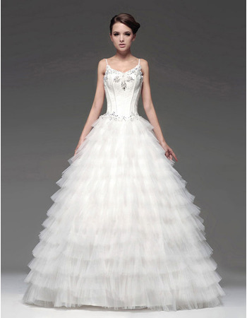 Designer A-Line Floor Length Tiered Wedding Dresses with Spaghetti Straps