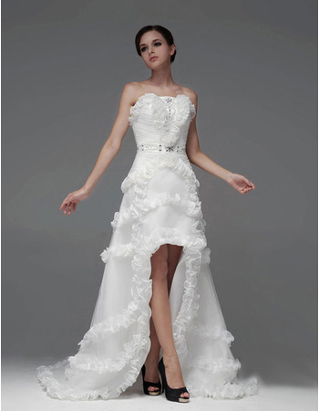 Discount A-Line Strapless High-Low Asymmetric Satin Wedding Dresses
