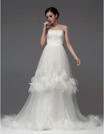 Custom A-Line Strapless Chapel Train Satin Organza Wedding Dresses