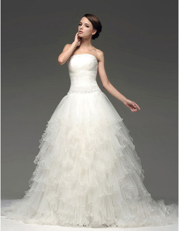 Stylish A-Line Strapless Chapel Train Tiered Wedding Dresses