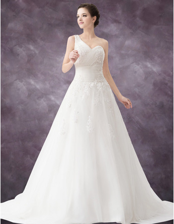 Vintage A-Line One Shoulder Court Train Organza Wedding Dresses