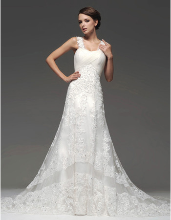 Designer A-Line Straps Chapel Train Organza Wedding Dresses