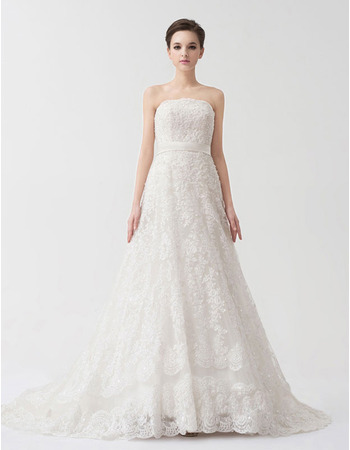 Vintage A-Line Strapless Court Train Lace Wedding Dresses