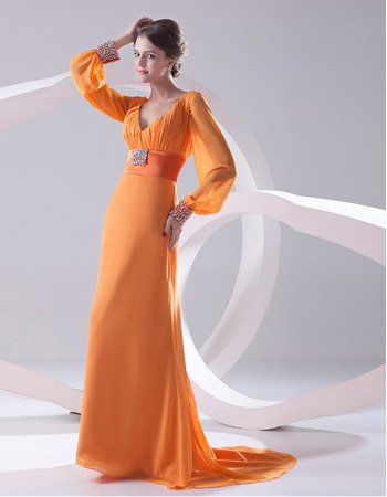 Discount V-Neck Long Sleeves Floor Length Chiffon Evening/ Prom Dresses