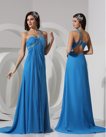 Sexy Sheath One Shoulder Sweep Train Chiffon Evening/ Prom Dresses