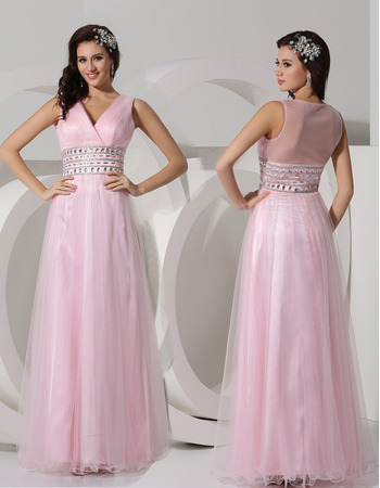 Elegant A-Line V-Neck Floor Length Organza Evening/ Prom Dresses