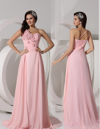 Elegant A-Line One Shoulder Sweep Train Chiffon Evening/ Prom Dresses