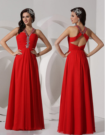 Sheath V-Neck Floor Length Chiffon Evening Dresses for Winter Prom