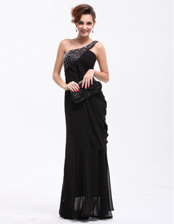 Affordable One Shoulder Chiffon Sheath Long Evening/ Prom Dresses