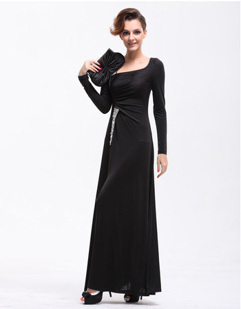 Custom Long Sleeves Sheath Long Black Satin Evening/ Prom Dresses
