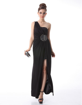 Inexpensive One Shoulder Sheath Chiffon Black Evening/ Prom Dresses
