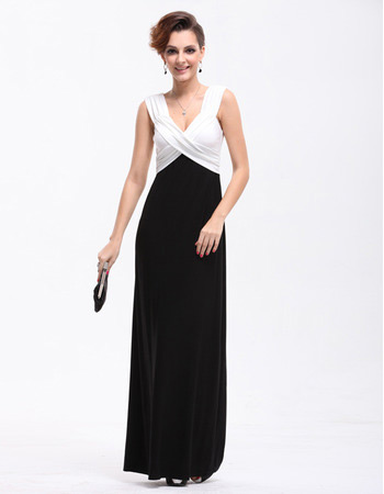 Affordable Black and White V-Neck Sheath Satin Long Evening/ Prom Dresses