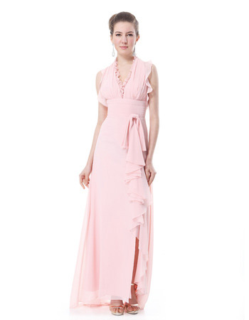 Sexy V-Neck Chiffon Split Sheath Long Evening Dresses for Spring