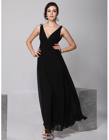 Sexy V-Neck Black Chiffon Ankle Length Sheath Evening/ Prom Dresses