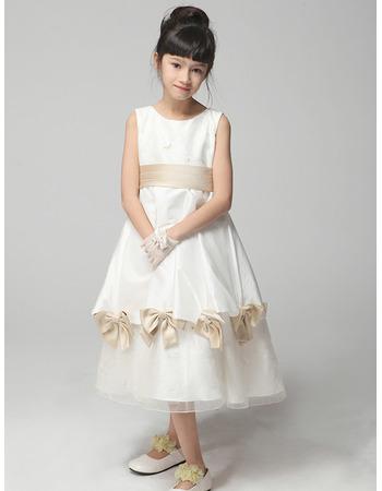 A-Line Tea Length Satin First Communion/ Flower Girl Dresses