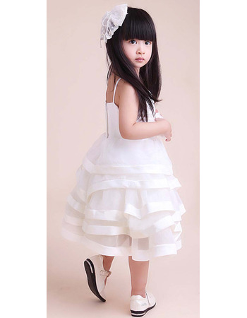 A-Line Knee Length Satin Tiered Flower Girl Dresses