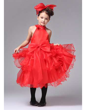 A-Line High-Neck Knee Length Satin Organza Flower Girl Dresses