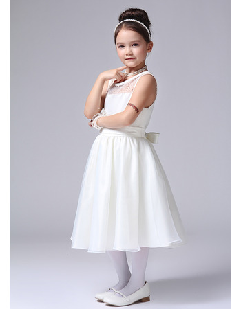 A-Line Tea Length Satin First Communion/ Flower Girl Dresses