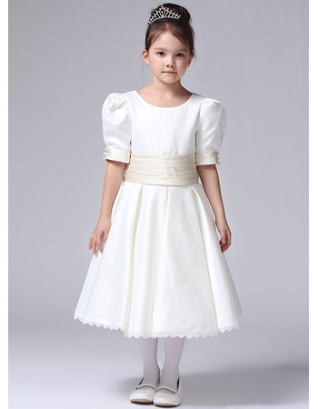Short Sleeves Tea Length Satin First Communion/ Flower Girl Dresses