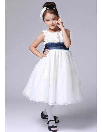 A-Line Round Knee Length Satin Flower Girl Dresses