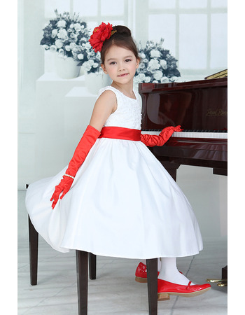 A-Line Round Tea Length Satin Flower Girl Dresses