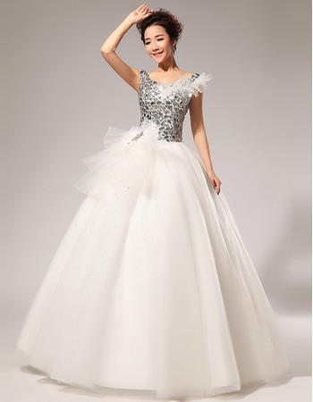 Sexy V-Neck Sequined Ball Gown Floor Length Satin Wedding Dresses