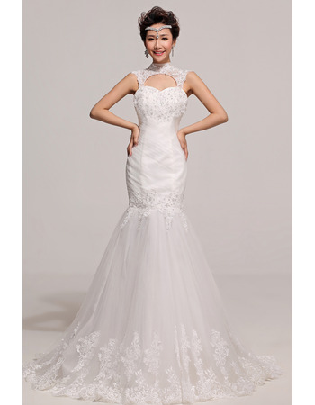 Sexy Mermaid High-Neck Sweep Train Satin Organza Wedding Dresses