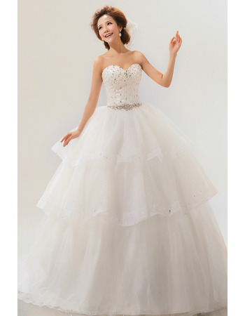 Inexpensive Tiered Ball Gown Sweetheart Long Organza Wedding Dresses