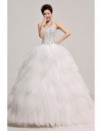 Inexpensive Beaded Ruffle Ball Gown Sweetheart Organza Wedding Dresses