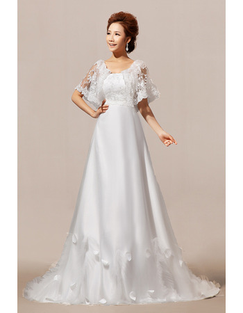 Elegant Lace Sleeves A-Line Sweep Train Satin Wedding Dresses for Spring