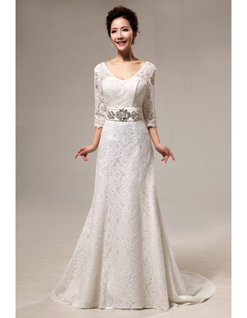 Custom Elegant Lace Sweep Train A-Line Wedding Dresses with Sleeves
