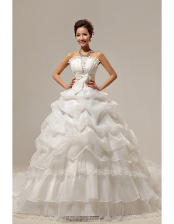 Chapel Train Ball Gown Strapless Organza Dresses for Spring Wedding