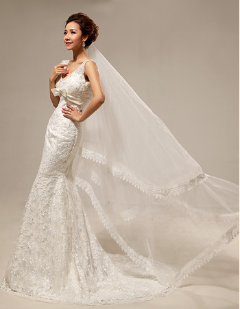 Custom Elegant Mermaid/ Trumpet Lace V-Neck Sweep Train Wedding Dresses