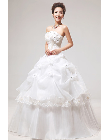 Inexpensive Applique Ball Gown Strapless Floor Length Wedding Dresses