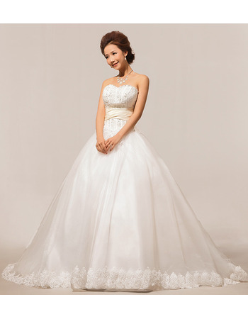 Elegant Sweetheart Court Train Beaded Ball Gown Satin Wedding Dresses