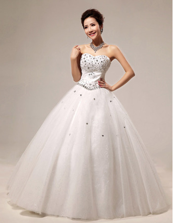 Rhinestone Ball Gown Sweetheart Floor Length Satin Dresses for Spring Wedding