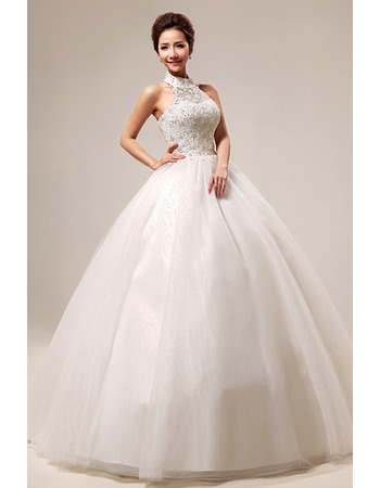 Affordable Halter Beaded Ball Gown Floor Length Satin Wedding Dresses