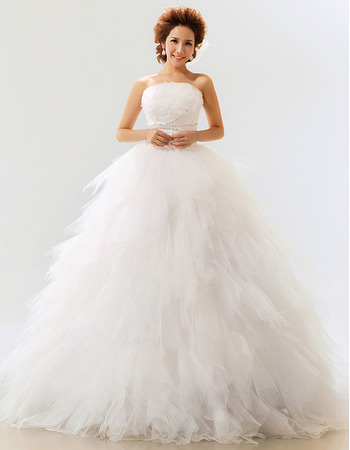 Elegant Ruffle Organza Ball Gown Strapless Floor Length Wedding Dresses