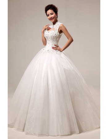 Custom Mandarin Collar Beaded Ball Gown Floor Length Wedding Dresses