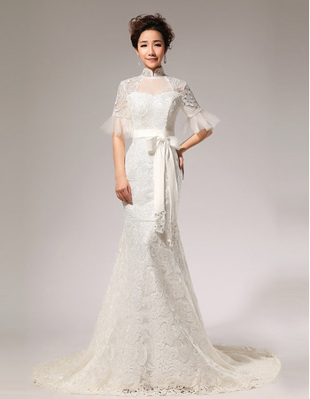 Discount Mermaid Lace Mandarin Collar Short Sleeves Wedding Dresses