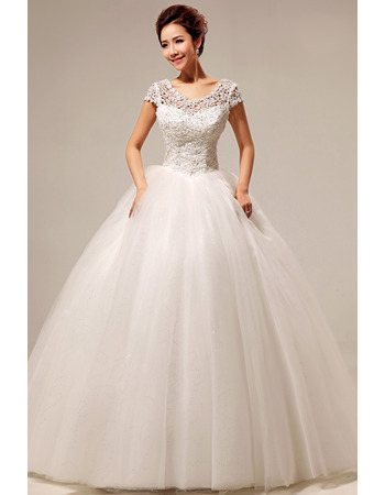 Custom Lace Short Sleeves Ball Gown Floor Length Wedding Dresses