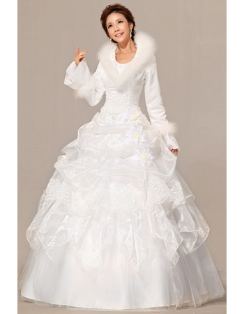 Long Sleeves Satin Ball Gown Floor Length Dresses for Winter Wedding